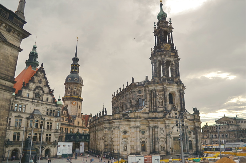 11 - Schloßplatz (Palace Square) in Dresden, Germany, featuring the prominent Dresden Cathedral on the right and the tower of Dresden Castle on the left